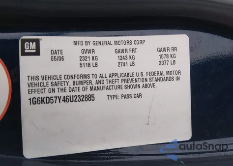 2006 Cadillac Dts Standard z USA, uszkodzony, nr VIN 1G6KD57Y46U232885